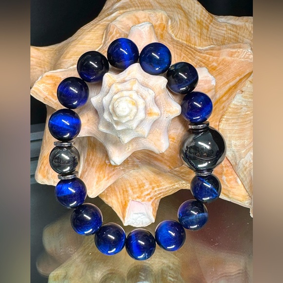 DARK BLUE TIGERS EYE + HEMATITE NATURAL STONES BRACELET size 7” - Picture 1 of 11
